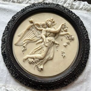 Large Vintage Greek Goddess & Cherub Angel wall plaque hanging Bisque chalkware